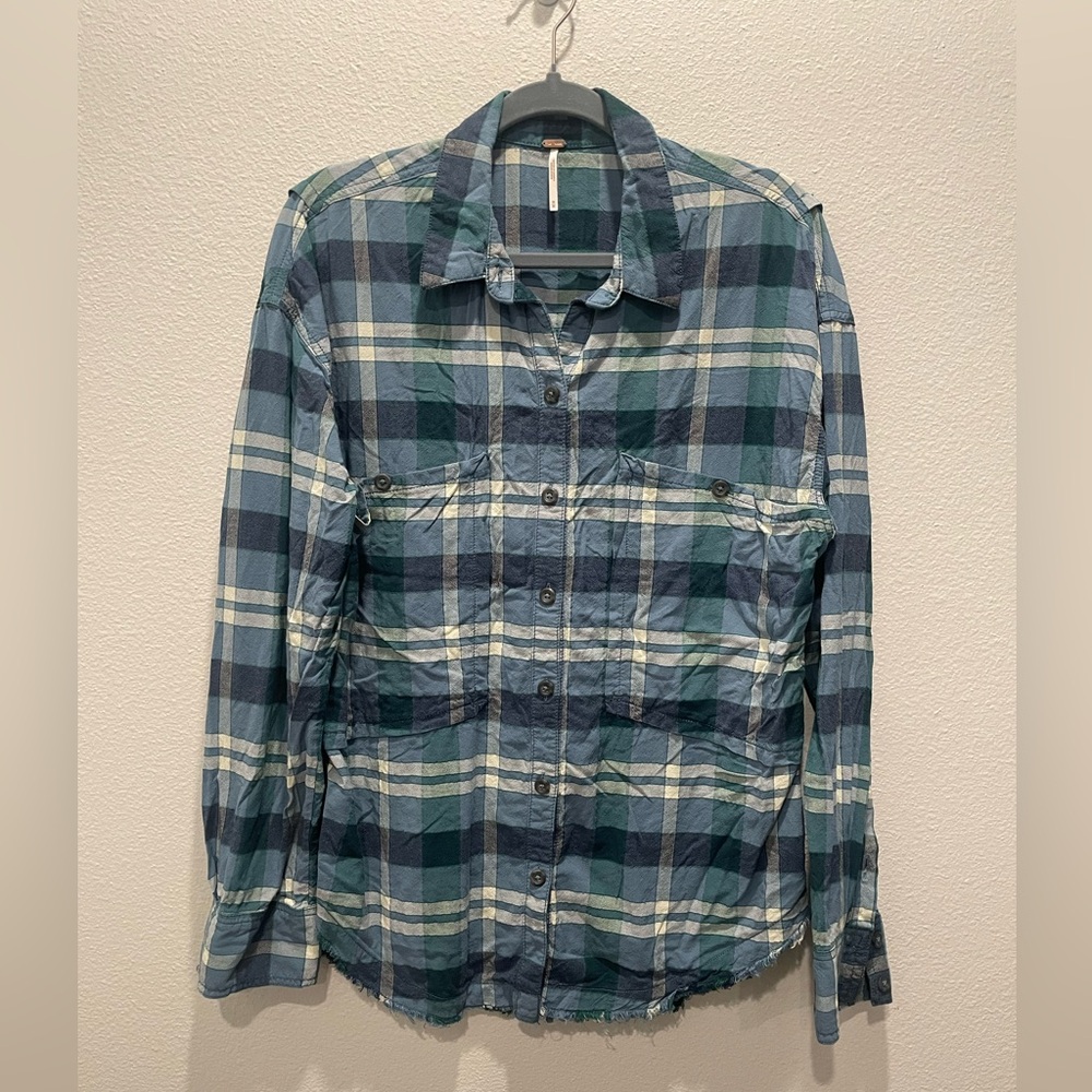 Free People Blue and Green Plaid Button Down Shirt